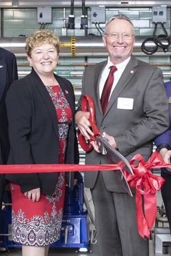 Dean Kathryn Boor and Richard Ball open the renovated Cornell Food Venture Center pilot plant at Cornell AgriTech. 