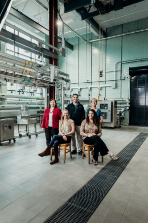 Olga Padilla-Zakour, Bruno Xavier, Cynthia James and Shannon Prozeller in the pilot plant at Cornell AgriTech.