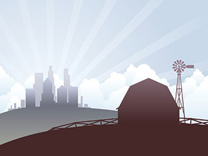 A graphic depicting a brown barn in front of a skyline 