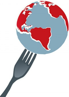A graphic of a fork holding planet Earth on it