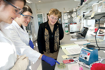 A group of people speak in a laboratory