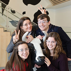Four people pose in front of a life-size dairy cow statue inside a building