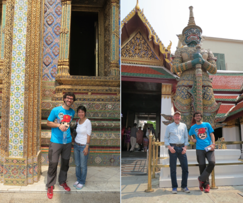 Left: A man and a woman stand in front of an old building in Thailand; Right: Two men stand in front of an old building in Thailand