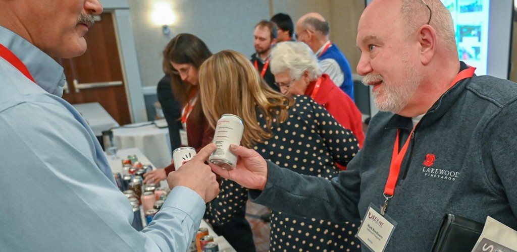 Mark Rondinaro explores canned wine receptacle options at the 2019 B.E.V. NY Conference in Henrietta, N.Y
