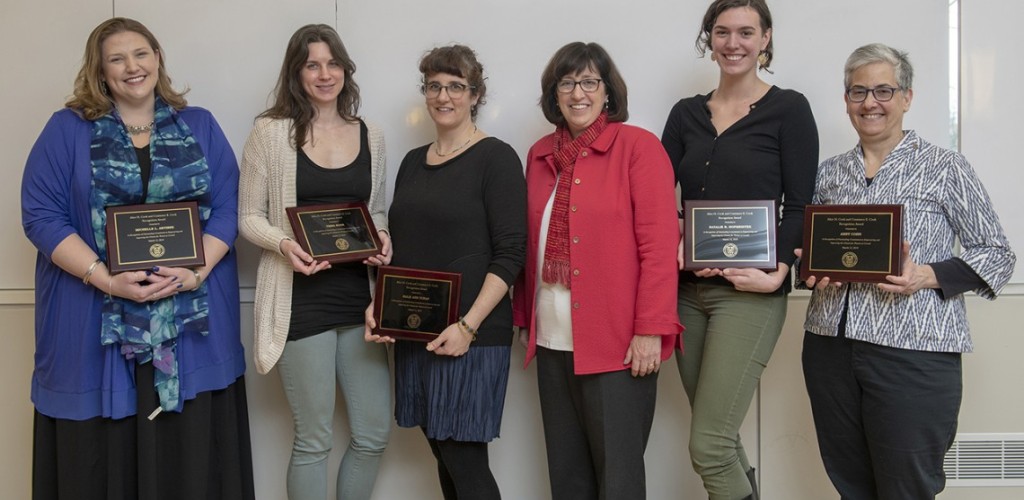 Michelle Artibee, Tisha Bohr, Hale Tufan, Martha E. Pollock, Natalie Hofmeister and Abby Cohn pose while holding awards