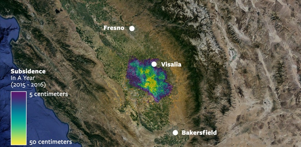 satellite image of California, including Fresno, Visallia, and Bakersfield