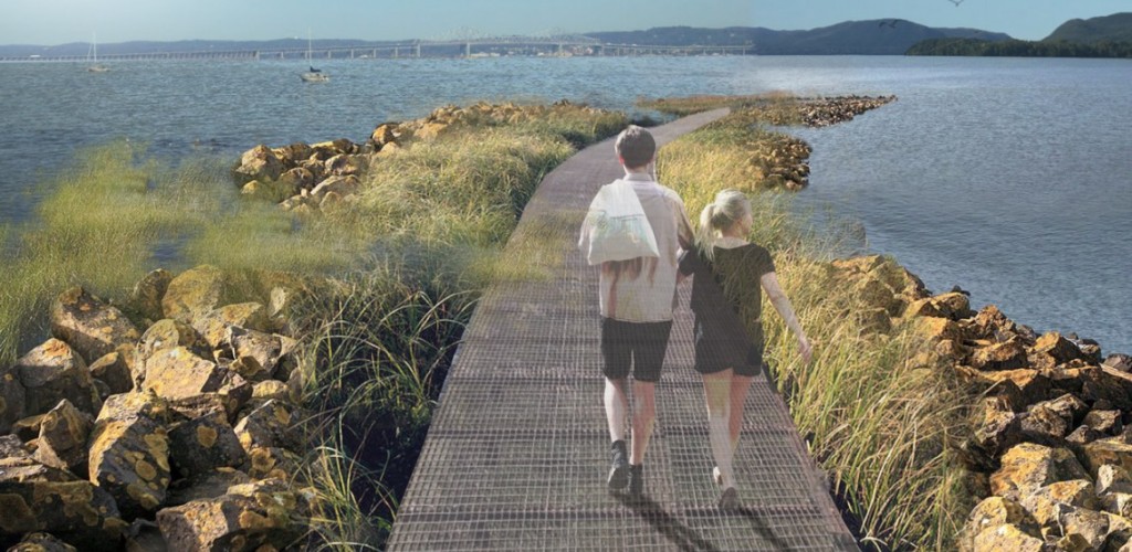 rendering of people walking on a path on a breaker