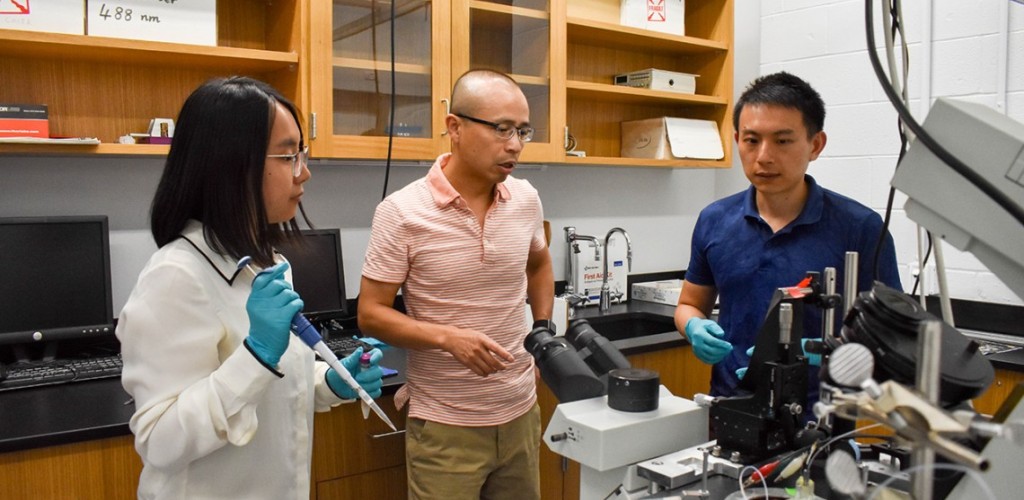 One female and two male researchers standing around a microscope and talking