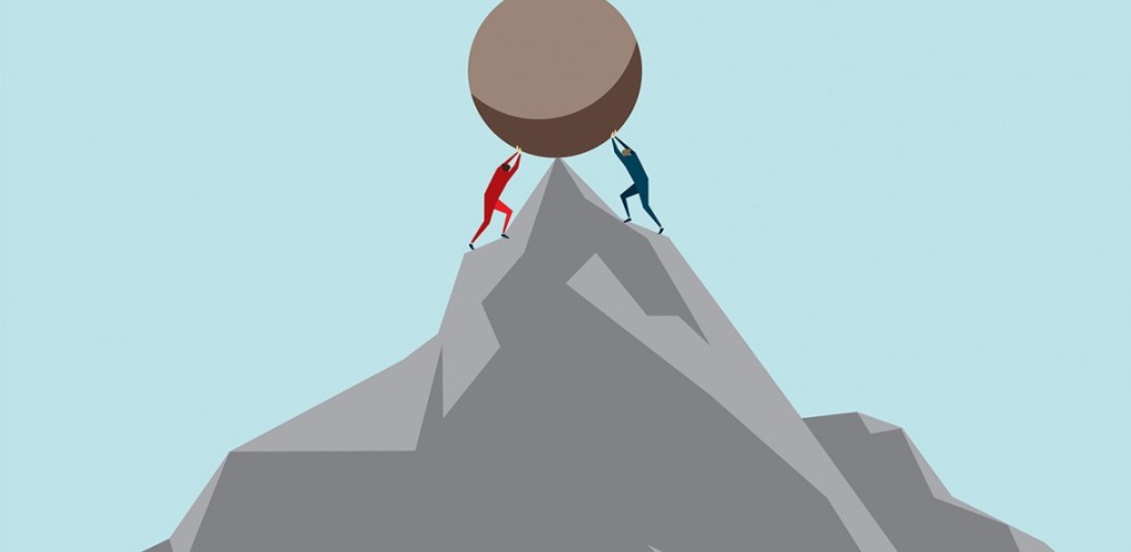 Graphic of figures holding up two sides of a boulder on a mountain top