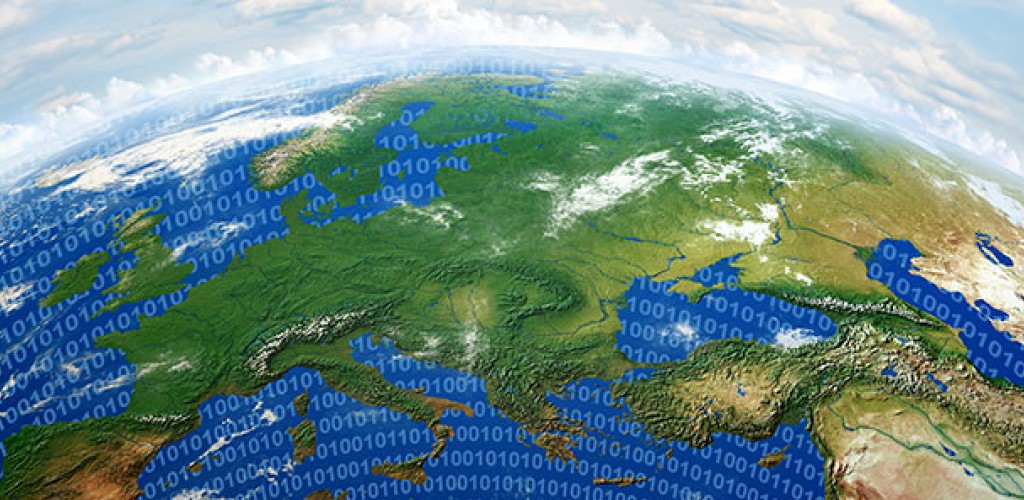 A graphic of the earth with 0's and 1's written over it