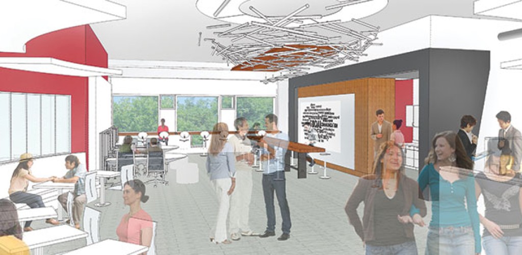 A design for the new department of communication space in mann library that depicts people standing around and sitting at tables in a large open space