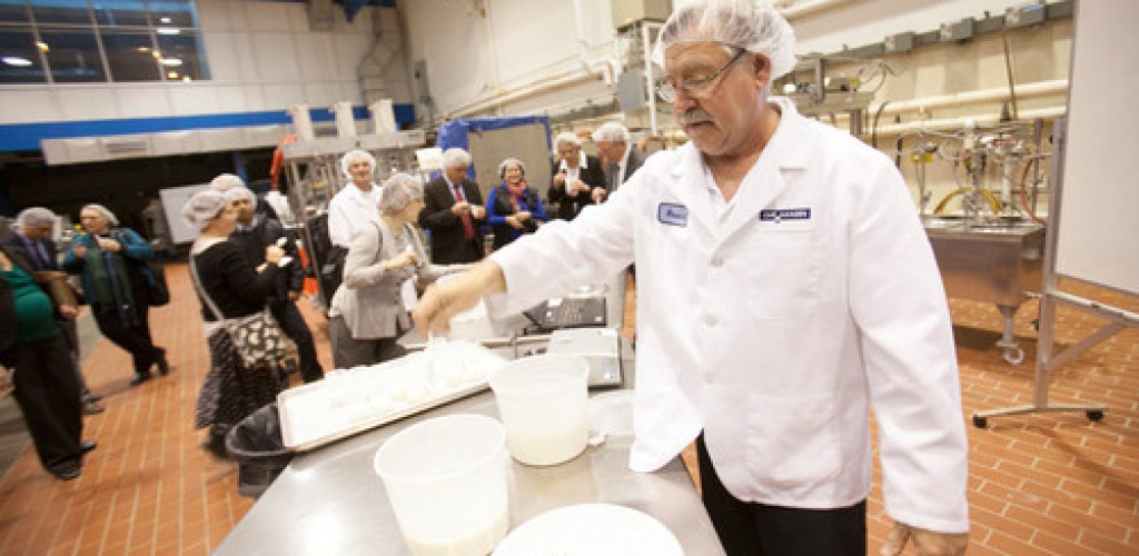 Many people stand in a dairy processing plant