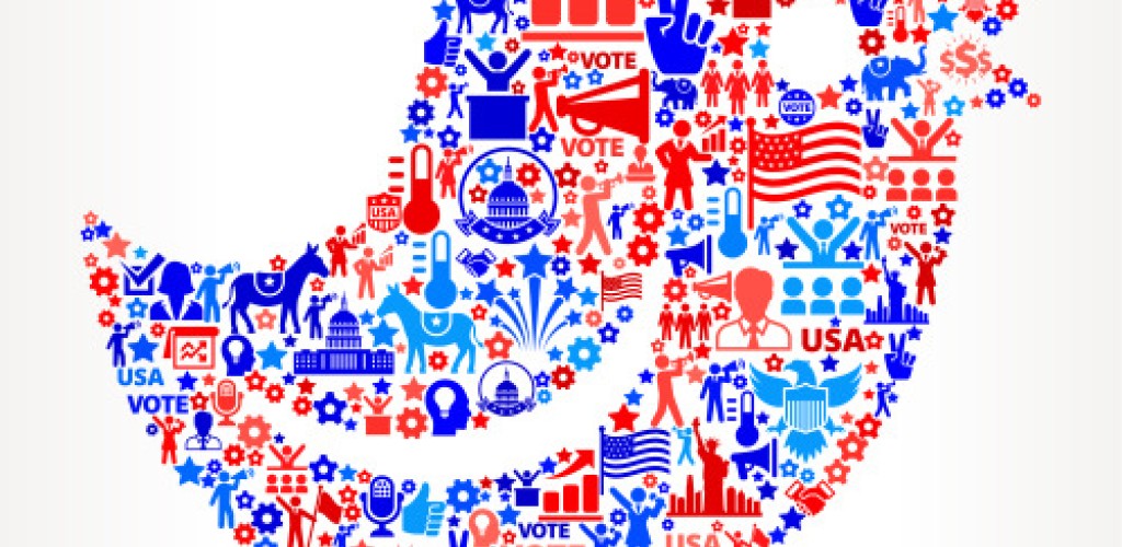 A graphic of a the Twitter logo, a bird, made up of smaller graphics related to the 2016 election.