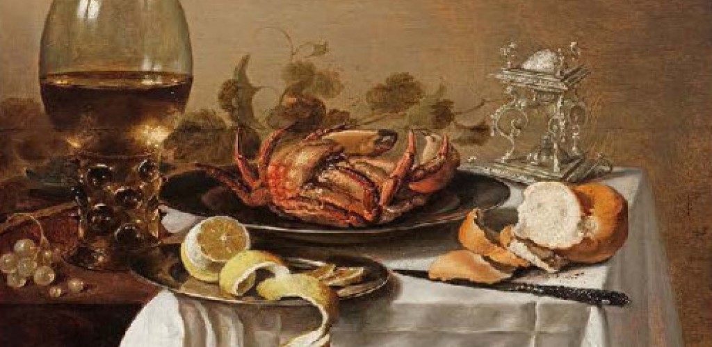 A painting of a glass of wine, peeled lemon, crab and bread on a table