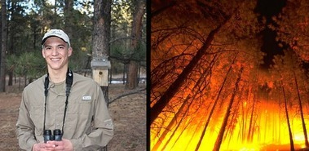 A two-photo collage; the photo on the left is of a man wearing a hat and with binoculars around his neck standing in the forest and the second photo is of a forest on fire