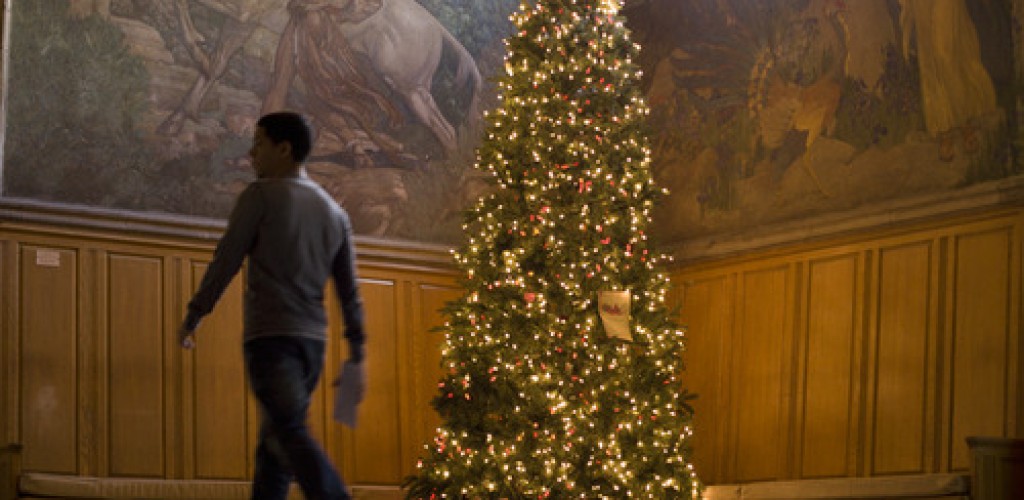 A man walks by a decorated Christmas tree