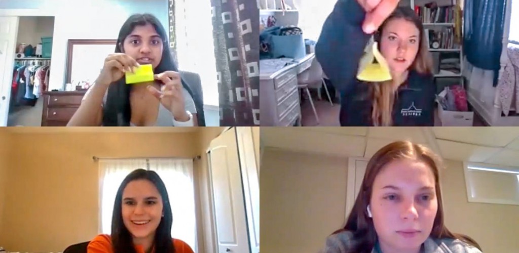 Four screens are shared as students work from home