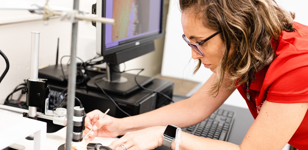 a woman holds a pointed tool and bends over a petri dish