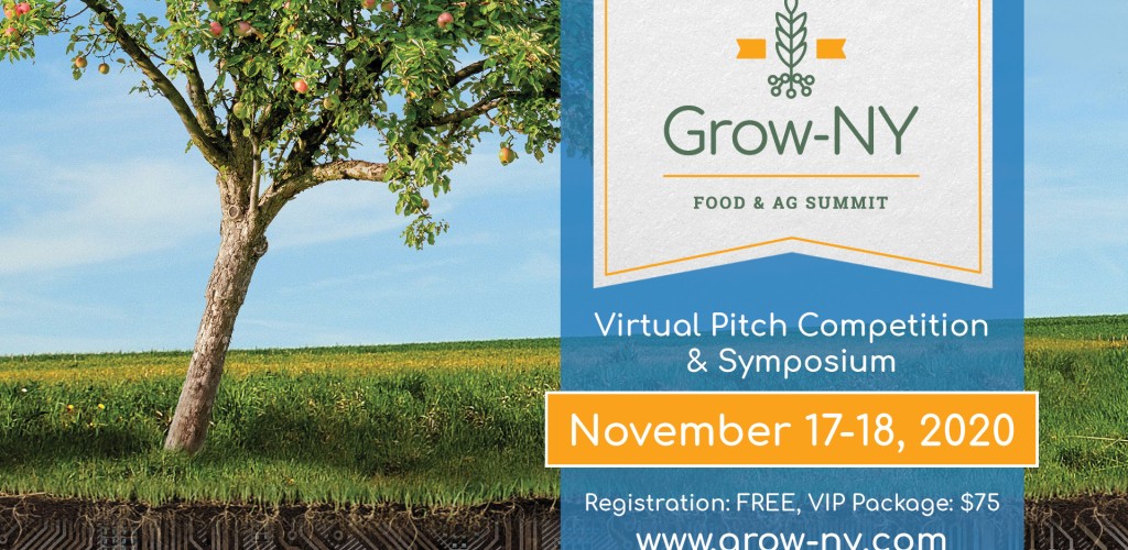 An apple tree outside against a blue sky with a banner that says "Grow-NY Food & Ag Summit: Virtual Pitch Competition & Symposium - November 17-18, 2020. Registration: FREE, VIP Package: $75. www.grown-ny.com 