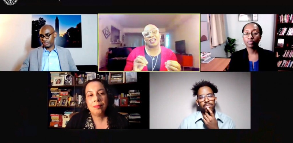 Five people talk on a Zoom webinar