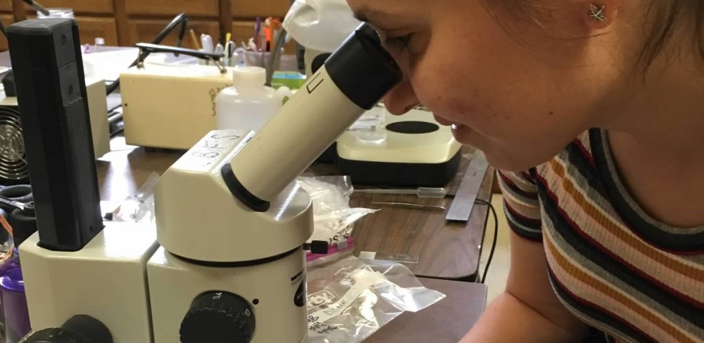 student looking through microscope