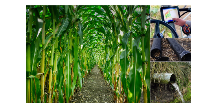 A photo of a corn field row (left), a yield monitor (top), and tile drainage (middle, bottom).