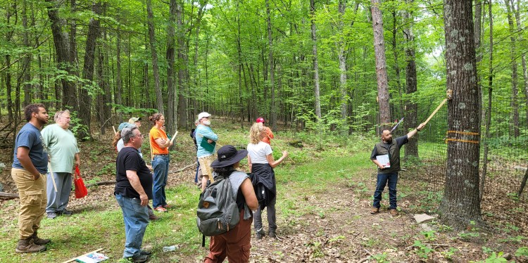 MFO volunteers learn some of the finer points to assess tree health and quality from MFO Regional Director Shane Stevens of CCE Columbia-Greene. This training at the Siuslaw Model Forest also allowed the volunteers to learn about deer fencing as a way to reduce deer impacts.
