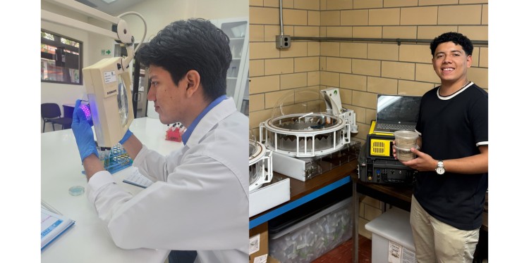 On the left, a man looks into a mechanical device to examine a sample under UV light. On the right, a different man stands smiling, holding a small container of soil next to laboratory equipment.