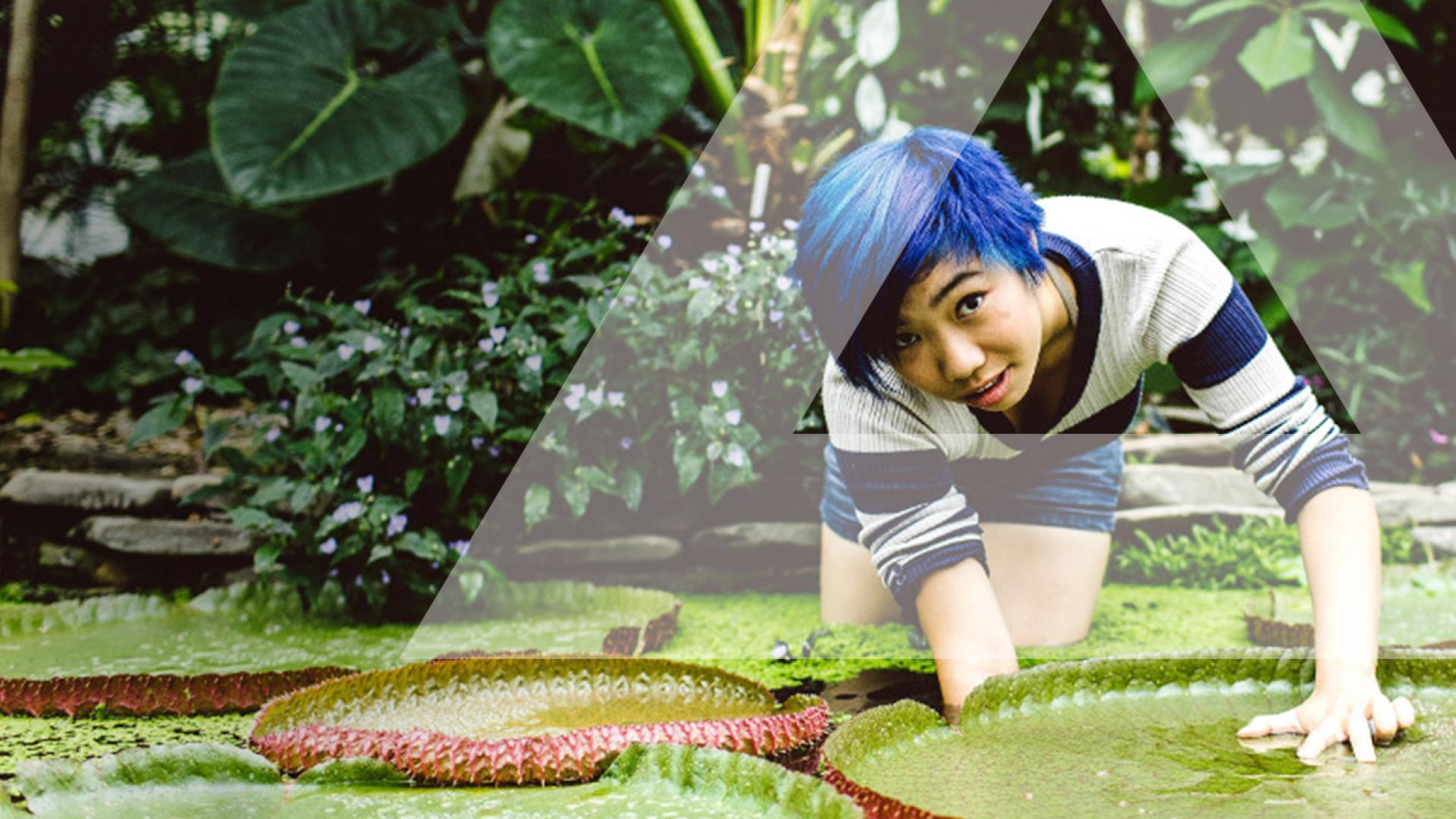 A young woman with short blue hair stands in a greenhouse pond and leans over a giant lily pad