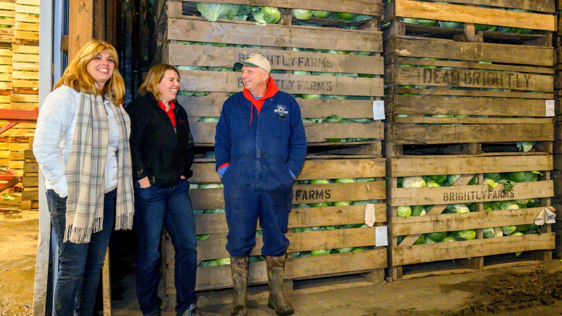Two women and one man standing in front of crates of cabbage