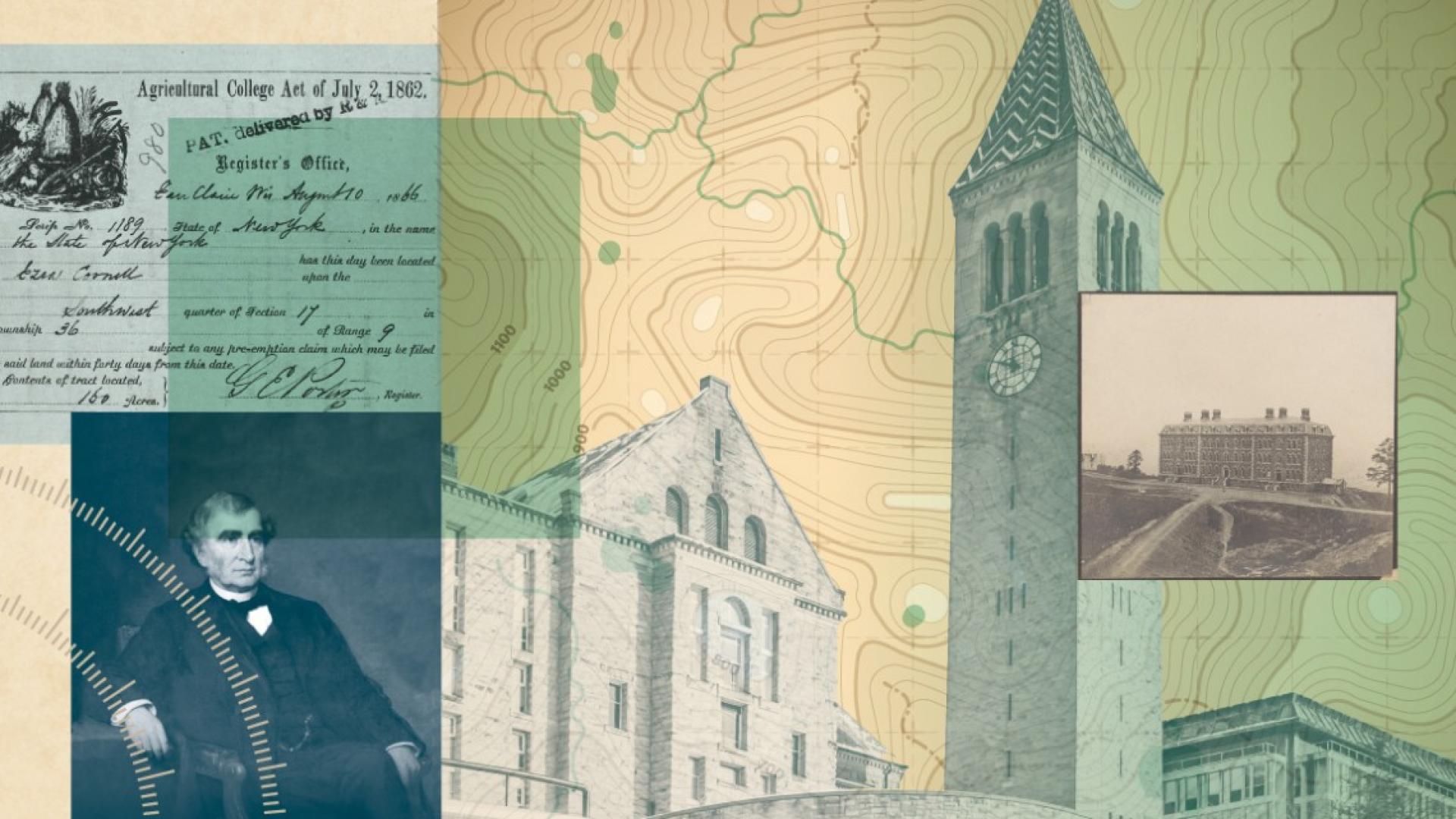 historical images of Cornell campus overlaid with a map