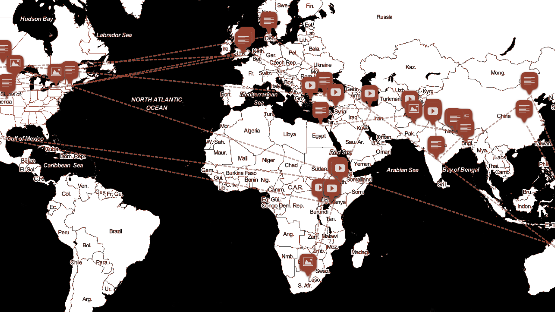 Illustration of the world with icons and lines connecting continents 