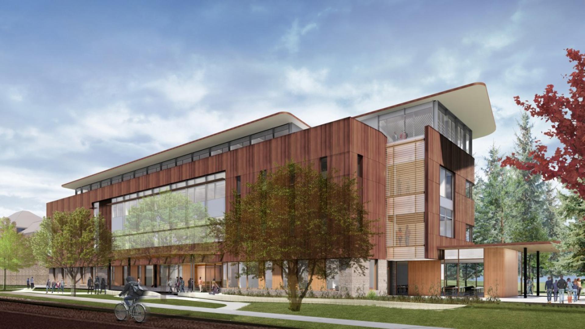 A rendering of a large, brown building 