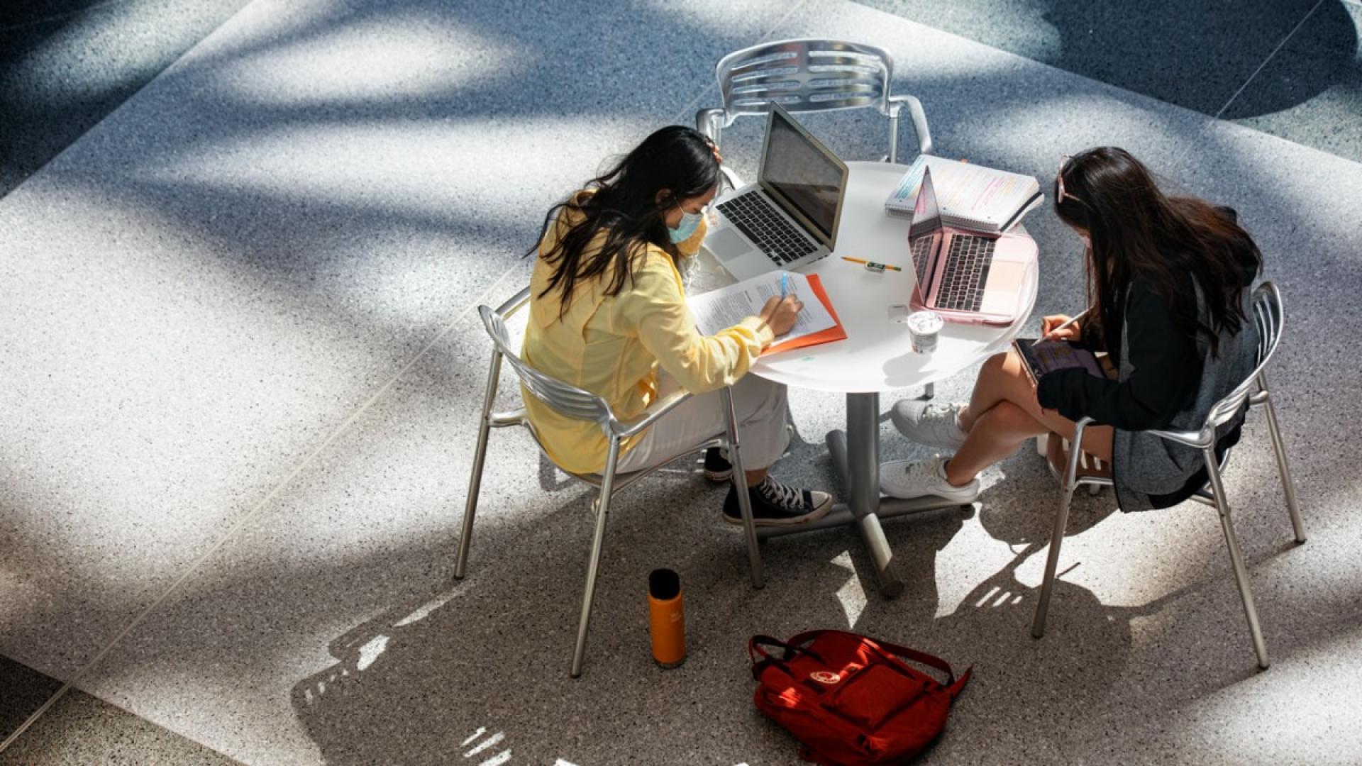 Two students sitting indoors and working at a table
