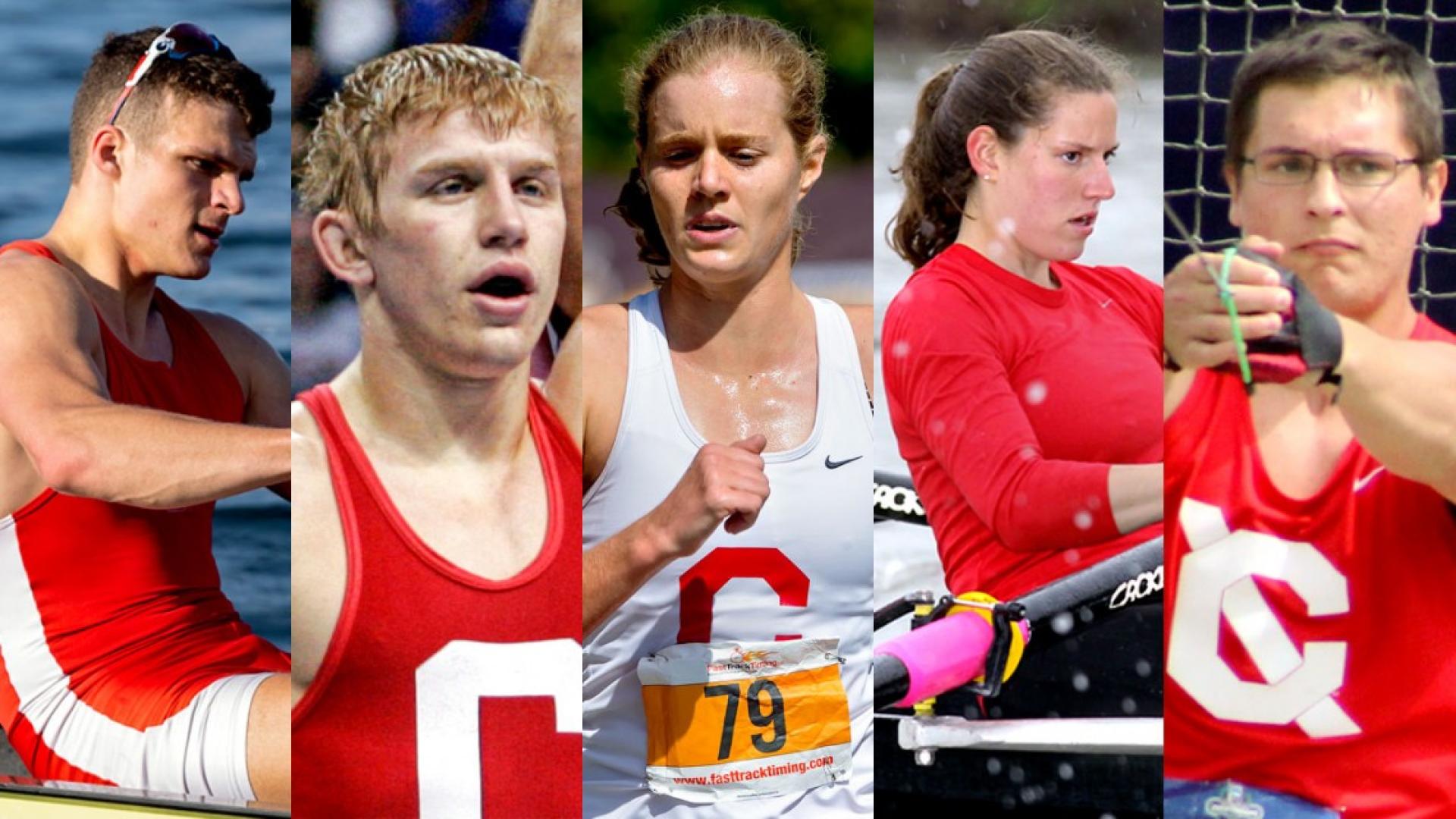 Two women and three men participating in athletics while wearing Cornell gear