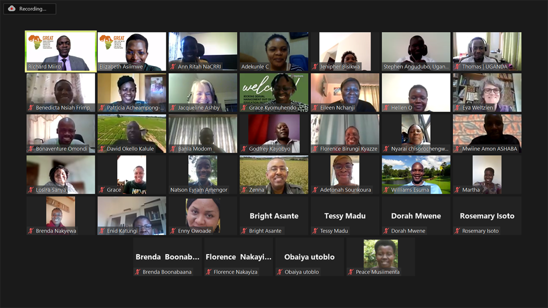 Dozens of faces appear on a Zoom video call screen