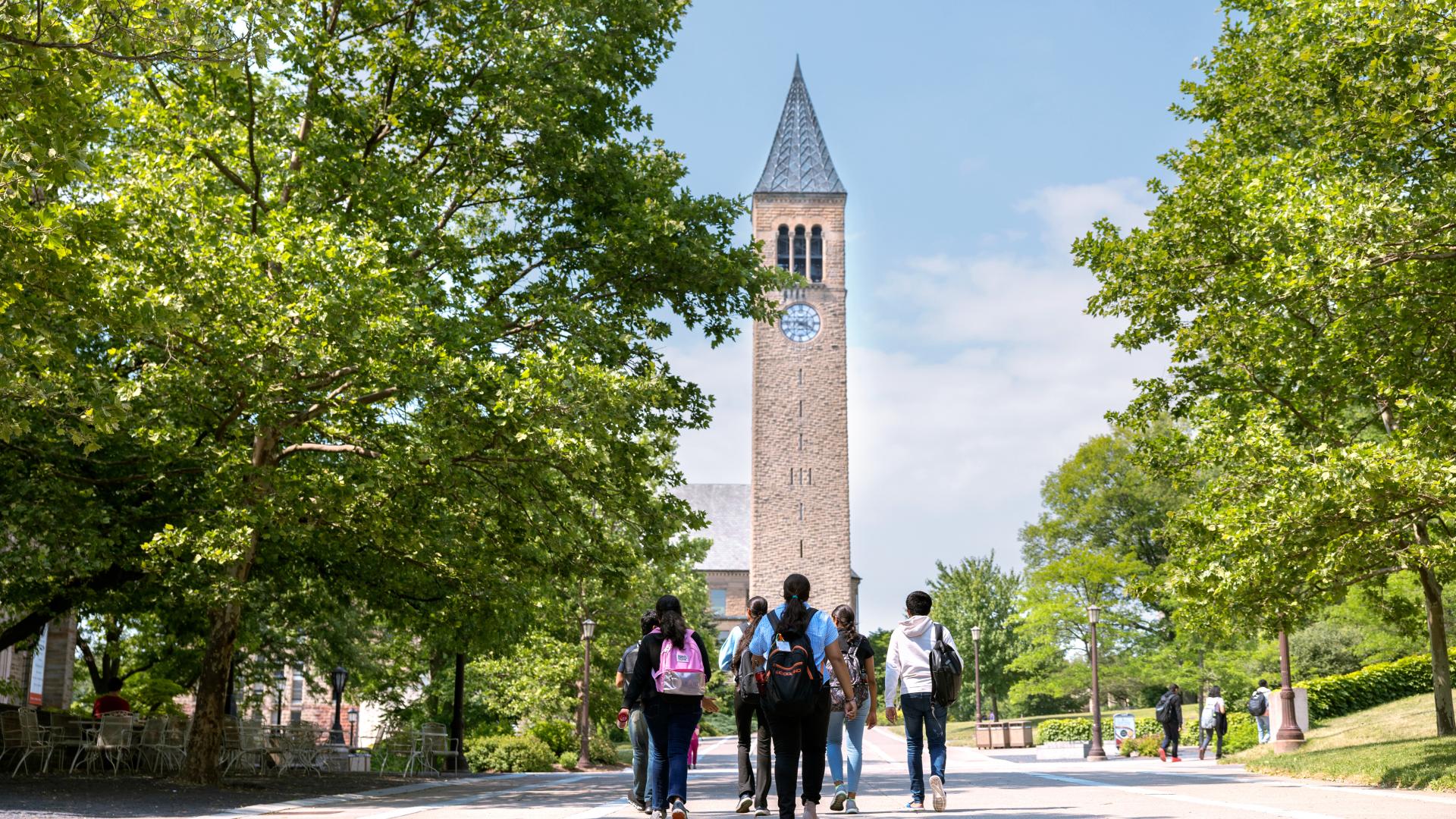 Cornell summer students walk through a sunny Ho Plaza towards McGraw Tower.