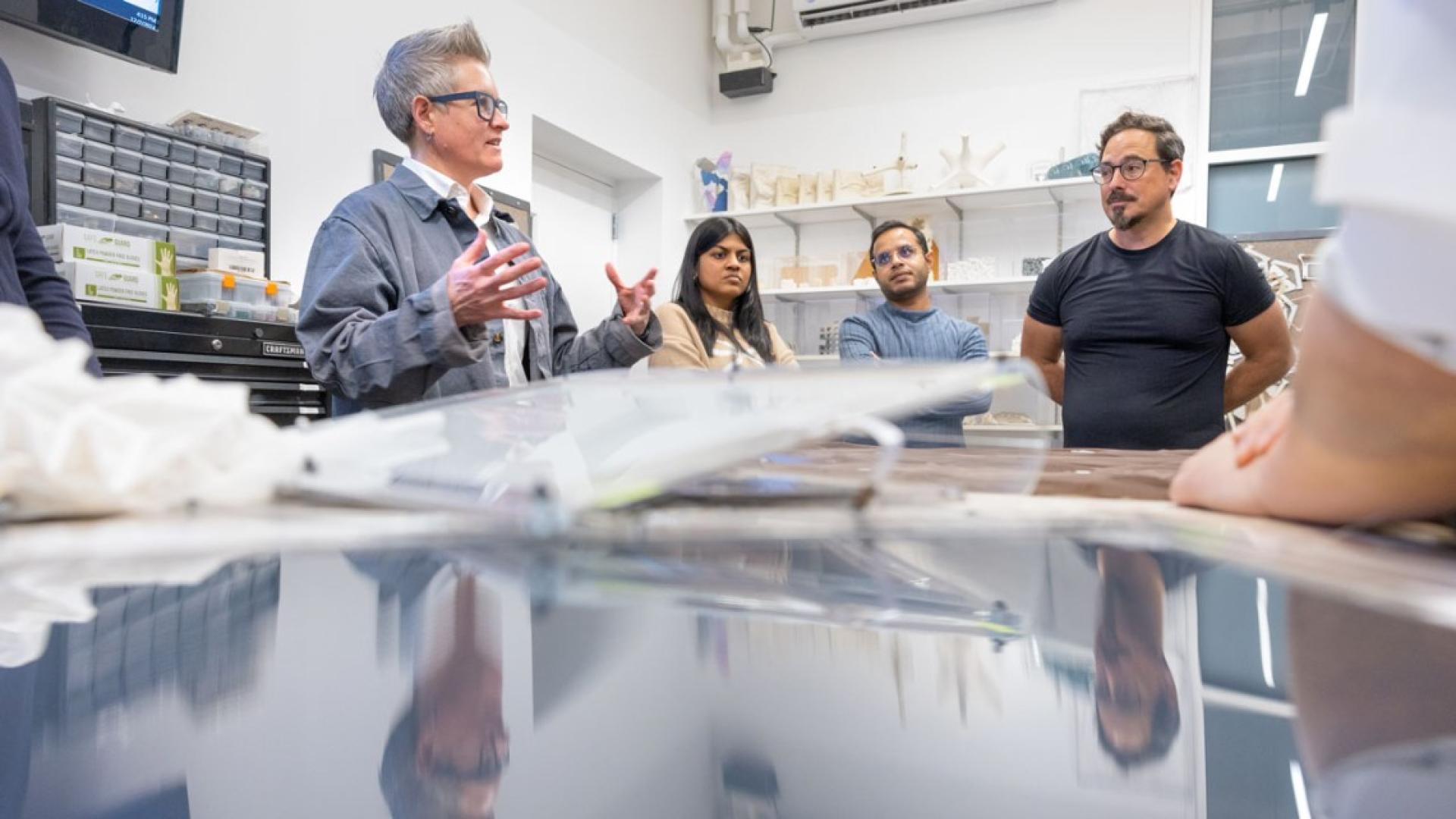 Researchers discussing the development of HelioSkin