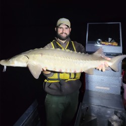 A. Mete Rice holding a very large fish it is night time