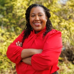 woman in red shirt