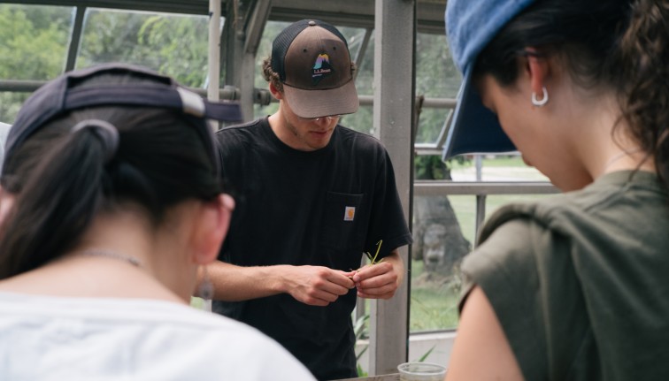 Photograph of a young man wearing a hat looking at a small aquatic plant in a greenhouse.