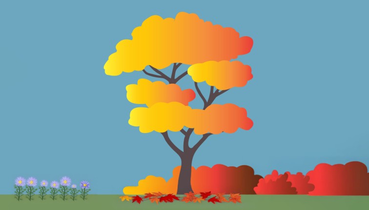 A stylized digital illustration of an autumn scene. In the center stands a tree with rounded clusters of leaves featuring a gradient from bright yellow on the left to orange on the right. Fallen red and orange maple leaves are scattered on the green grass at the base of the dark brown trunk. To the left of the tree is a small patch of purple aster flowers. To the right, behind the tree, are low, rounded bushes in rich shades of red, orange, and brown. The background is a solid light blue sky.