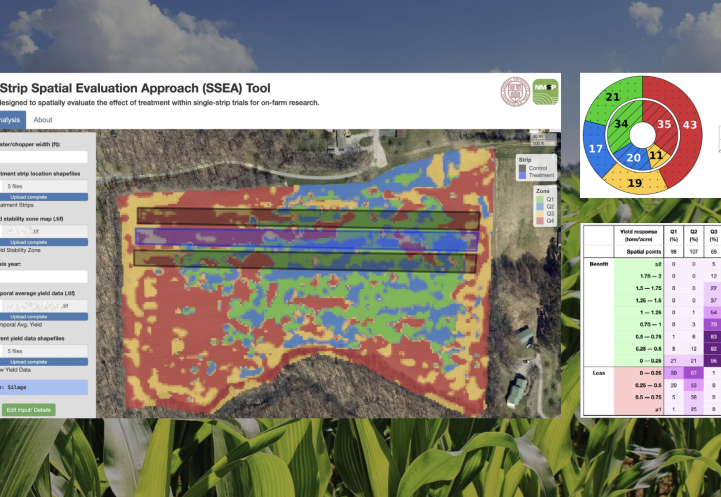 Components of the SSEA tool input and output with a faded background of a corn field.