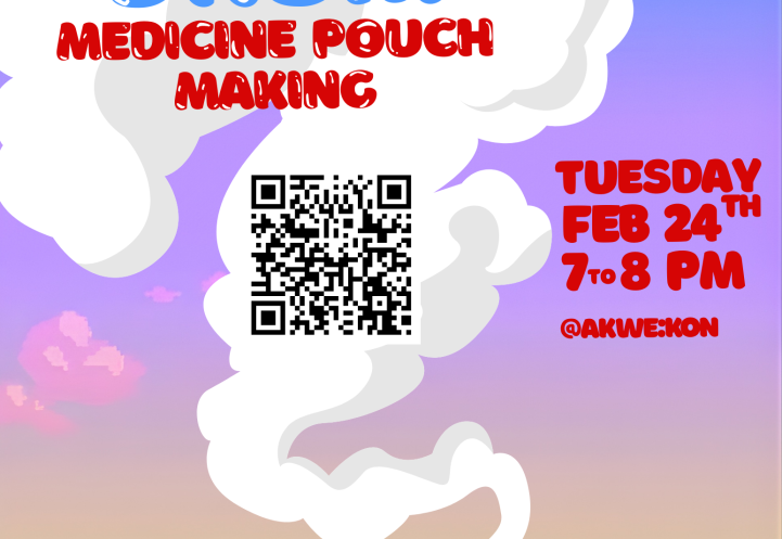 A poster for medicine pouch making featuring a long house in the sunset.