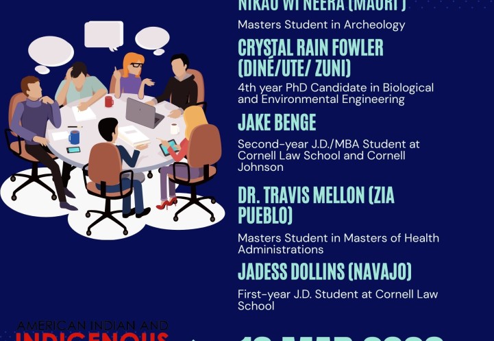 A blue poster with a discussion table.