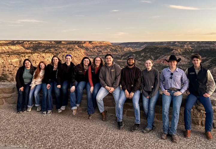 a group of people stand infront of a canyon landscape