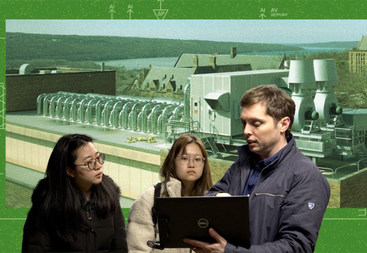 Cornell facilities staff answer questions from students in a tour of Olin Hall's mechanical room.