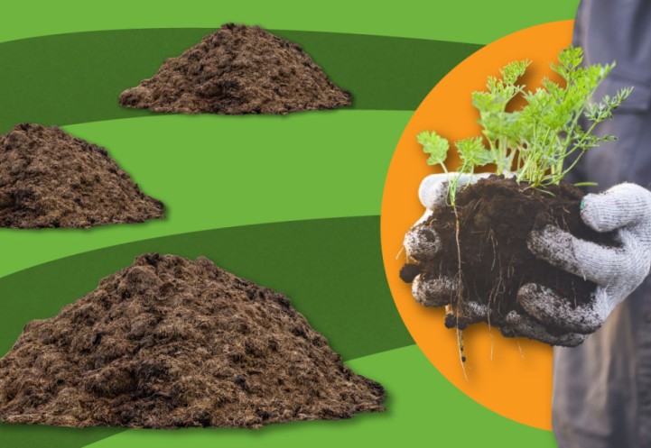 Illustration of three piles of manure with a photo of a gardener with soil in their hands