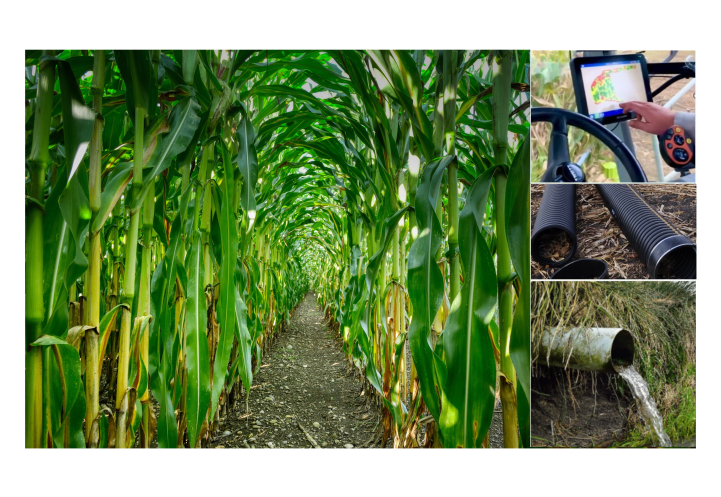A photo of a corn field row (left), a yield monitor (top), and tile drainage (middle, bottom).