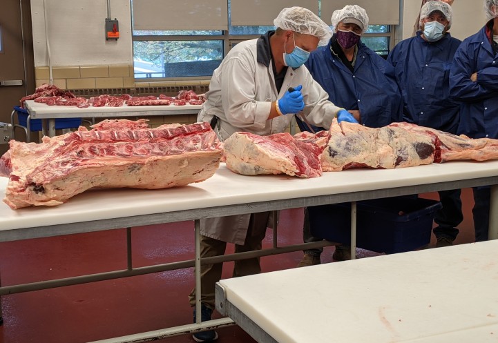 A person in protective clothing demonstrates meat cutting on large beef sections while others observe, all wearing masks and hairnets in a processing room.